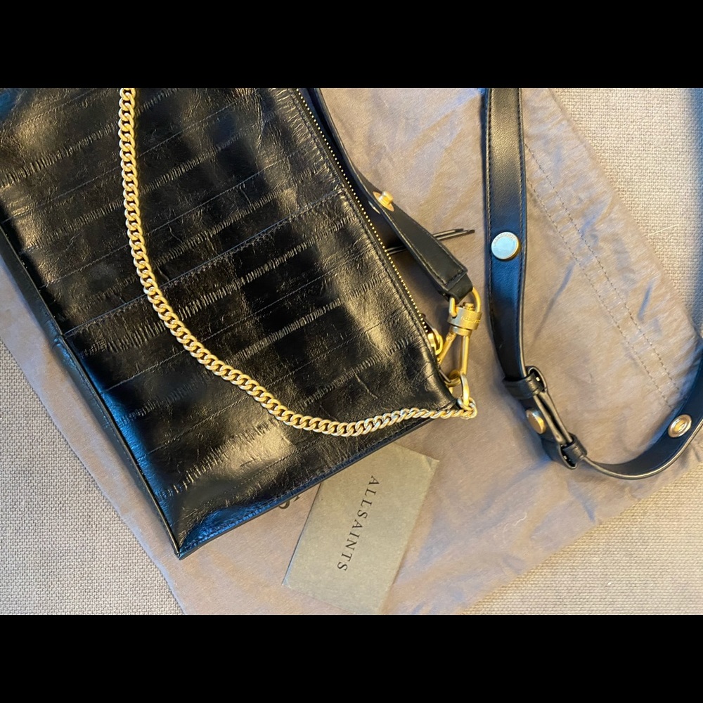 AllSaints Black Leather Crossbody Bag with Gold Chain